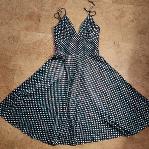 Alyn-Paige NY Satin Dress Brown Blue / Cream Polka Dots XS.
